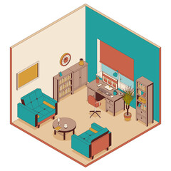 Cabinet in isometric style. Armchairs, furniture and computer