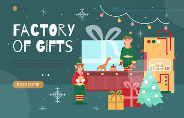 Christmas gift factory web banner template with tiny elves and gift boxes coming from conveyor belt, flat cartoon vector illustration. Holiday winter web page design.