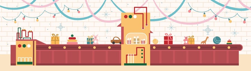 Christmas factory with technology belt conveyor and wrapping machine for packaging new year gifts in beautiful boxes. Production of xmas presents for kids. Flat vector illustration