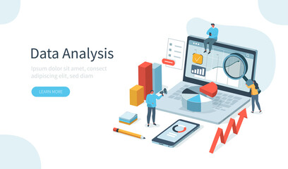 People Characters Working with Data Visualization on Laptop. Man and Woman Analyzing Tables, Charts and Graphs at Business Dashboard. Digital Data Analysis Concept. Flat Isometric Vector Illustration.