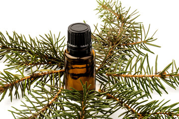 Spruce essential oil in a bottle, with fresh spruce twigs on white background