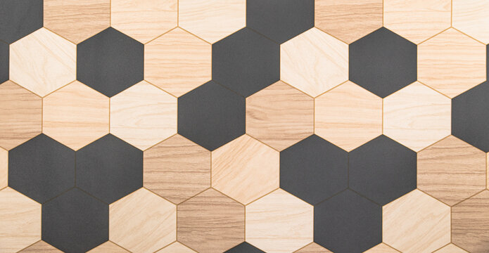 Panorama de fond en forme hexagonale pour cr&eacute;ation d'arri&egrave;re plan, aspect plancher de bois avec alc&ocirc;ves. 
