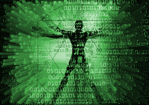 Vitruvian man in cyberspace. 
Futuristic grunge stylized Illustration of green vitruvian man with destroyed binary codes.