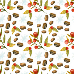 Watercolor seamless isolated pattern from coffee beans and berry in graphic style, hand-drawn illustration.
