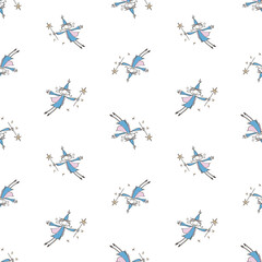 Seamless pattern of sketches flying funny sorceresses with magic wands