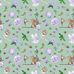 Sewing watercolor seamless pattern. Sewing machine, spools of thread, pins, buttons, purple flowers, green leaves, fabric samples. Tailor, seamstress, handicraft, craft. Green background. For print