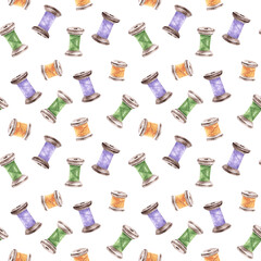 Watercolor seamless pattern Bobbins of thread. Purple, green, yellow, brown colors. Different threads. Sewing pattern. White background. For printing on textiles, fabrics, wrapping paper, postcards