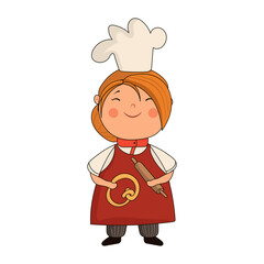 Cute vector stock Illustration of a child chef baker isolated on white background.