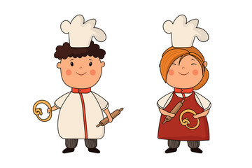 Set of cute vector stock Illustration of a childs chef bakers boy and girl isolated on white background.