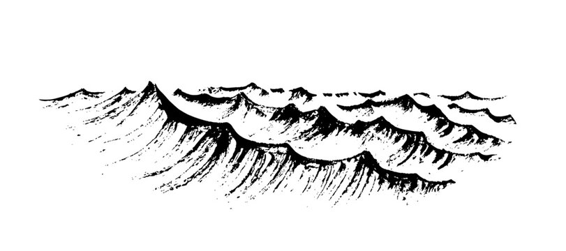 Sea waves. Hand drawing brush texture, single stroke technique. Black ink. Vector Illustration