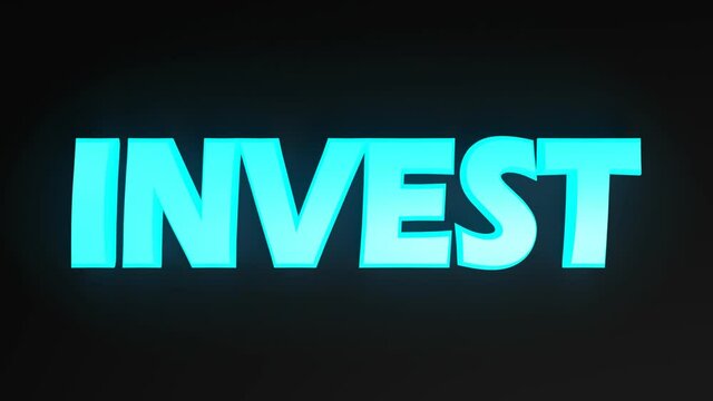 The write INVEST in blue lighted letters on black background - 3D rendering video clip