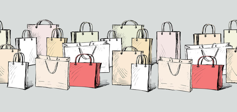 Vector image of seamless border from various drawn shopping bags