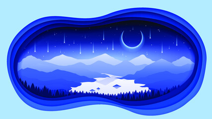 Abstract Dark Paper Cut Sky Night Background With Mountains Lake Falling Stars Moon Midnight Vector Design Style