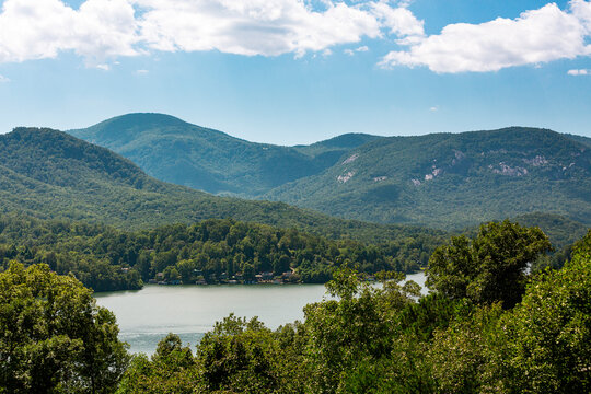 Lake Lure, NC Aerial Above View Of Lake And Chimney Rock Mountain