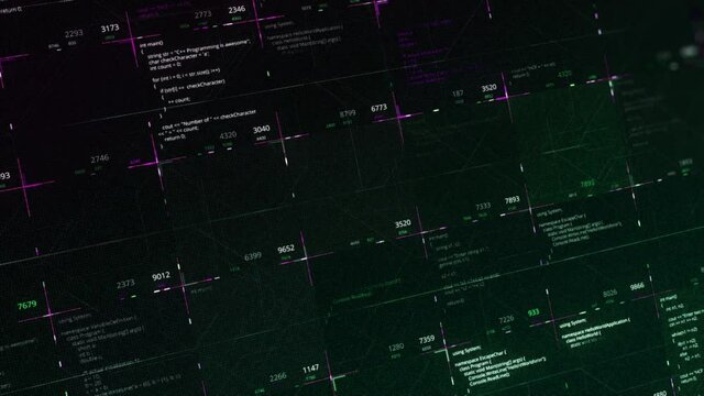 Abstract process of a cyber attack, concept of digital crime. Animation. Programming code written by itself on black background, seamless loop, artificial intelligence.