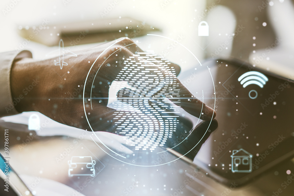 Aufkleber Multi exposure of abstract fingerprint scan interface and hand working with a digital tablet on background, digital access concept