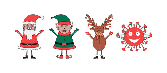 Set of Christmas characters Santa Claus, Elf, deer and coronavirus backteria on white background.