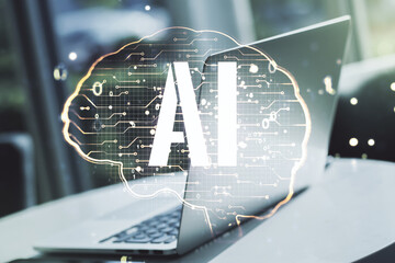 Double exposure of creative human brain microcircuit with computer on background. Future technology and AI concept