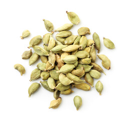 Heap of cardamom pods on white background, isolated. The view from top