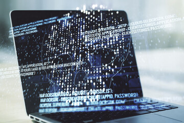 Creative code skull sketch on modern laptop background, theft of personal data and malware concept. Multiexposure
