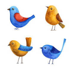 Watercolor illustration of a set of birds. Four birds in a yellow and blue color scheme. Spring birds. Design of postcards, textiles, interior items and much more.