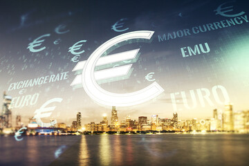 Virtual EURO symbols illustration on Chicago cityscape background, forex and currency concept. Multiexposure