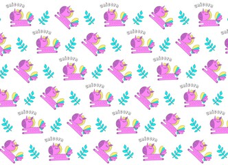 Abstract background seamless pattern with unicorns.Design template logo unicorn vector icon isolated on white.Print packing paper.Magic cartoon fantasy cute animal.Rainbow hair.Dream children symbol.