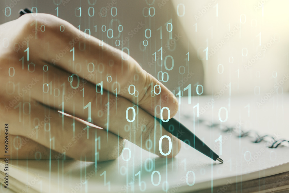Leinwandbilder Creative abstract binary code hologram and man hand writing in diary on background, AI and machine learning concept. Multiexposure