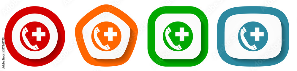 Poster Emergency call vector icon set, flat design vector illustration in 4 colors options for webdesign and mobile applications