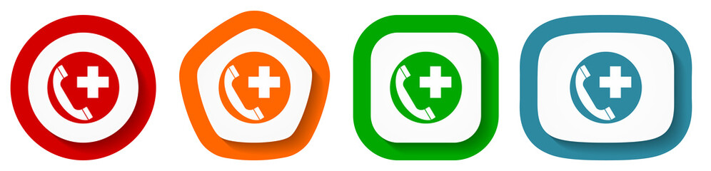 Obraz premium Emergency call vector icon set, flat design vector illustration in 4 colors options for webdesign and mobile applications