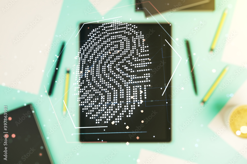 Leinwandbilder Multi exposure of abstract graphic fingerprint sketch and modern digital tablet on desktop on background, top view, fingerprint scan data concept