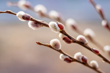 Willow branch with fluffy catkins, Easter background