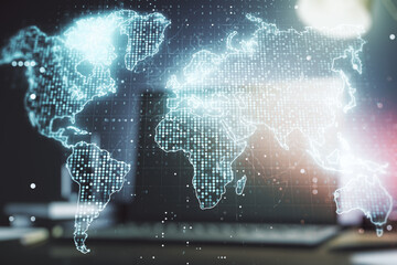 Multi exposure of abstract graphic world map on modern computer background, big data and networking concept concept
