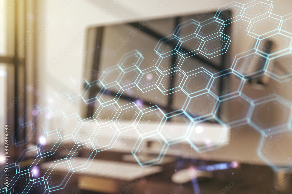 Poster Creative concept of wireless technology with hexagon hologram on modern laptop background. Big data and database concept. Multiexposure