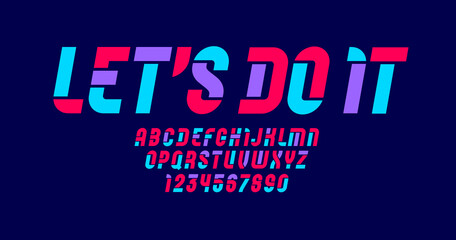 Stencil colorful font, condensed bold bright alphabet, modern geometric modular italic letters and number, vector illustration 10EPS