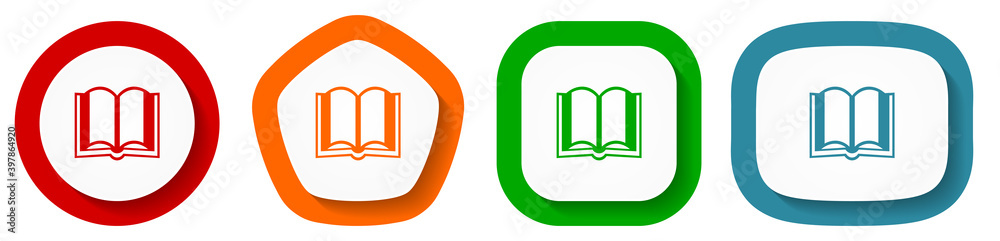 Poster Book vector icon set, flat design vector illustration in 4 colors options for webdesign and mobile applications
