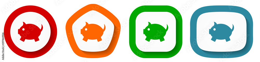 Fototapete Piggy bank vector icon set, flat design vector illustration in 4 colors options for webdesign and mobile applications