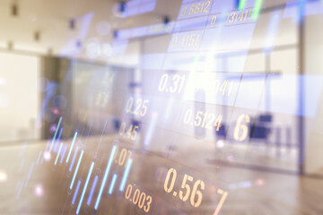 Multi exposure of abstract virtual financial graph hologram on a modern furnished office background, forex and investment concept