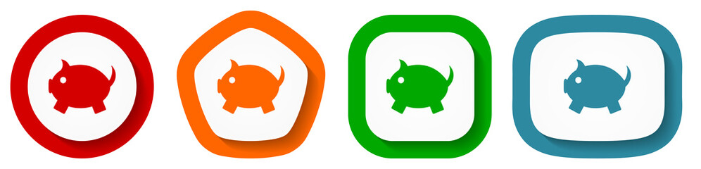 Piggy bank vector icon set, flat design vector illustration in 4 colors options for webdesign and mobile applications