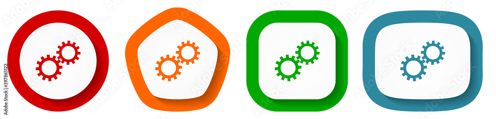 Poster gear, cogwheel vector icon set, flat design vector illustration in 4 colors options for webdesign an