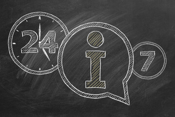 Information sign. Info icon and lettering 24-7 drawn in chalk on a blackboard. 24-7 information support. Around the clock. Seamless loop video.