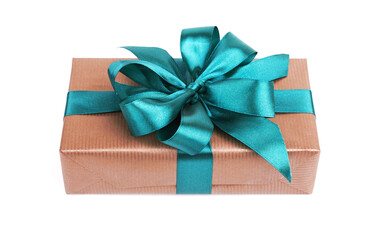 Brown gift box tied green ribbon bow