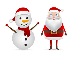 Santa Claus and snowman in a cap stand on a white background. Vector illustration for Christmas holiday and New Year