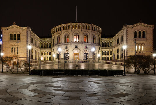 Oslo, Norway: Parliament (The Storting building or Stortingsbygningen) in the night