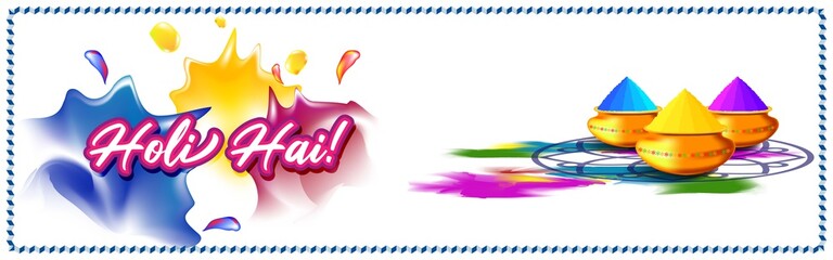 Vector illustration of Happy Holi greeting, written Hindi text means It's Holi Festival of Colors, festival elements with colorful background 