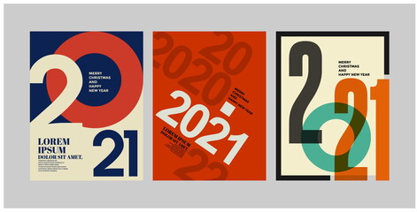 2021 Colorful set of Happy New Year posters. Abstract design with typography style. Vector logo 2021 for celebration and season decoration, backgrounds for branding, banner, cover, card and more.