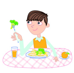 A boy eating green broccoli food with pasta for lunch. Vector illustration