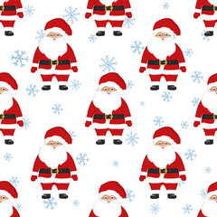 Hand drawn seamless pattern of cute Christmas Santa Claus with glasses, snowflakes. Happy New Year and Christmas character vector illustration for greeting card, invitation, wallpaper, wrapping paper