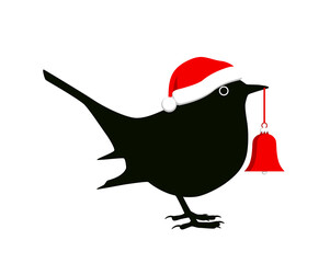 bird with santa cap and christmas bell isolated on white background