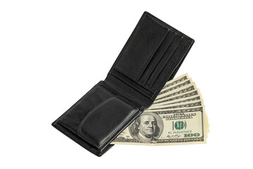Black leather wallet with money isolated on white background.